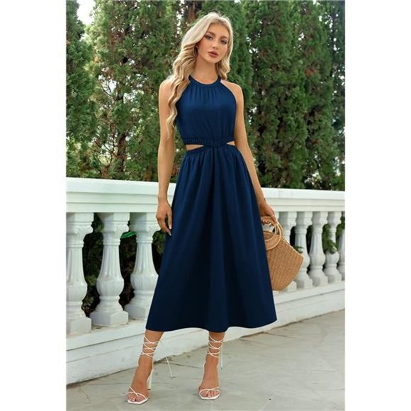 Women's Summer Dresses Maxi Sundress Halter Neck Sleeveless Cutout A-Line Dress - Picture 3 of 6